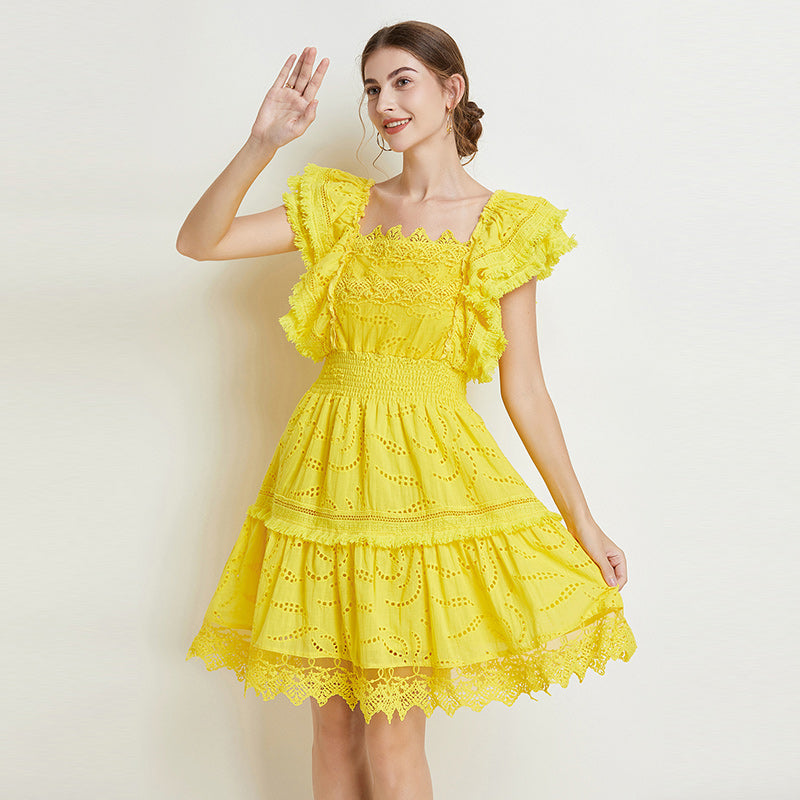 CM-DY016886 Women Elegant Euuropean Style Lace Square Collar Short Sleeve Midi Dress - Yellow