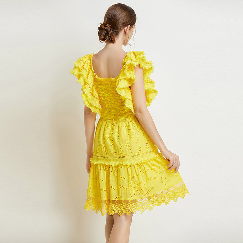 CM-DY016886 Women Elegant Euuropean Style Lace Square Collar Short Sleeve Midi Dress - Yellow