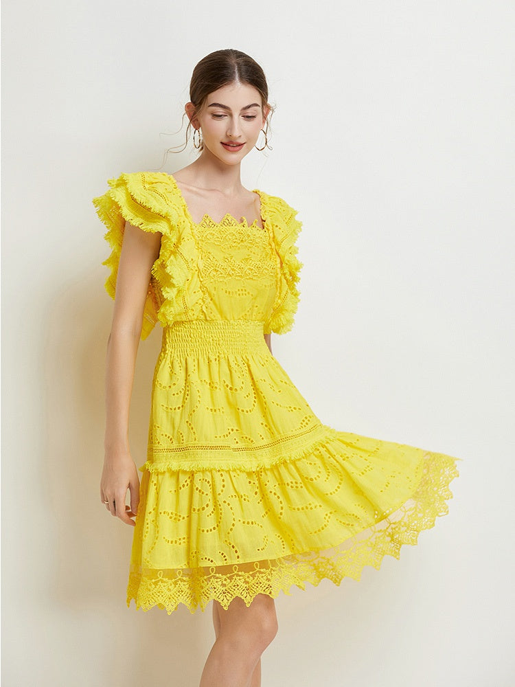 CM-DY016886 Women Elegant Euuropean Style Lace Square Collar Short Sleeve Midi Dress - Yellow