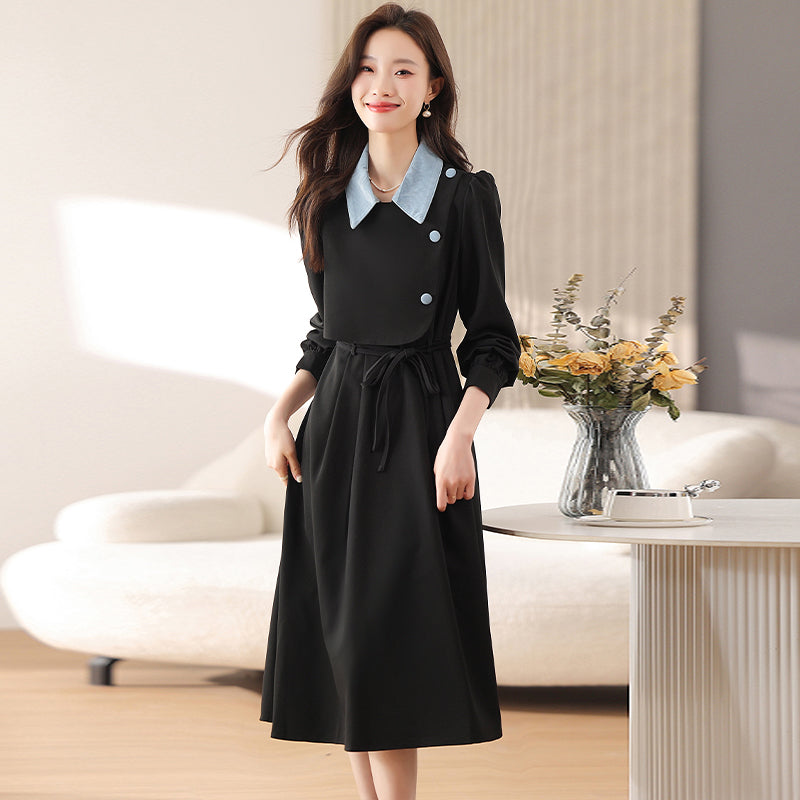 CM-DY019290 Women Elegant Seoul Style Polo Collar Long Sleeve Mid-Length Dress - Black