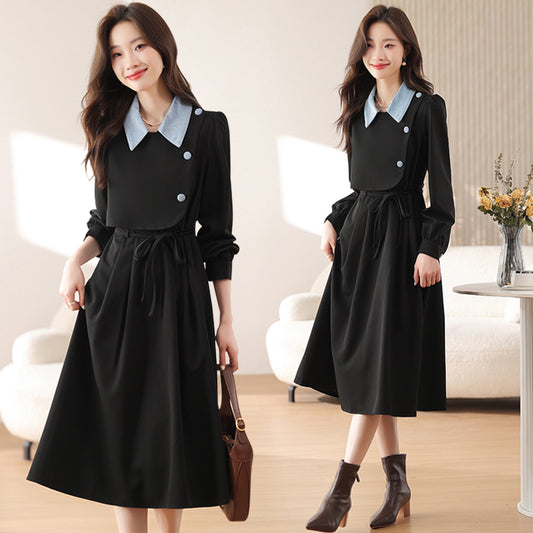 CM-DY019290 Women Elegant Seoul Style Polo Collar Long Sleeve Mid-Length Dress - Black