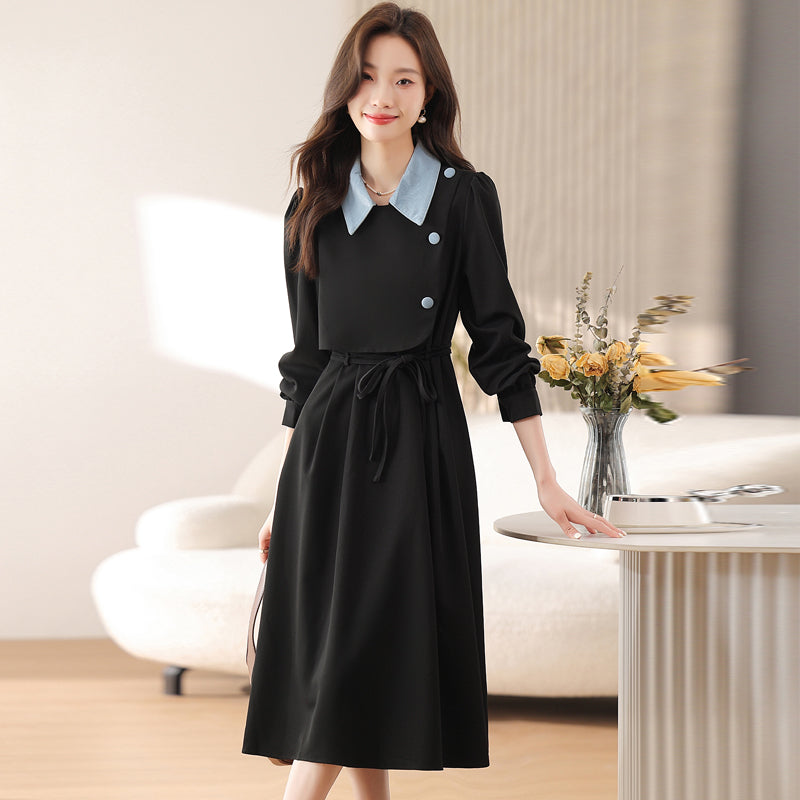 CM-DY019290 Women Elegant Seoul Style Polo Collar Long Sleeve Mid-Length Dress - Black