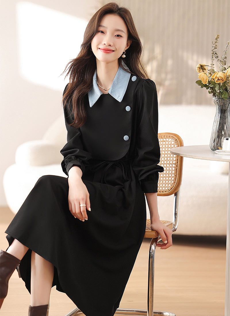 CM-DY019290 Women Elegant Seoul Style Polo Collar Long Sleeve Mid-Length Dress - Black