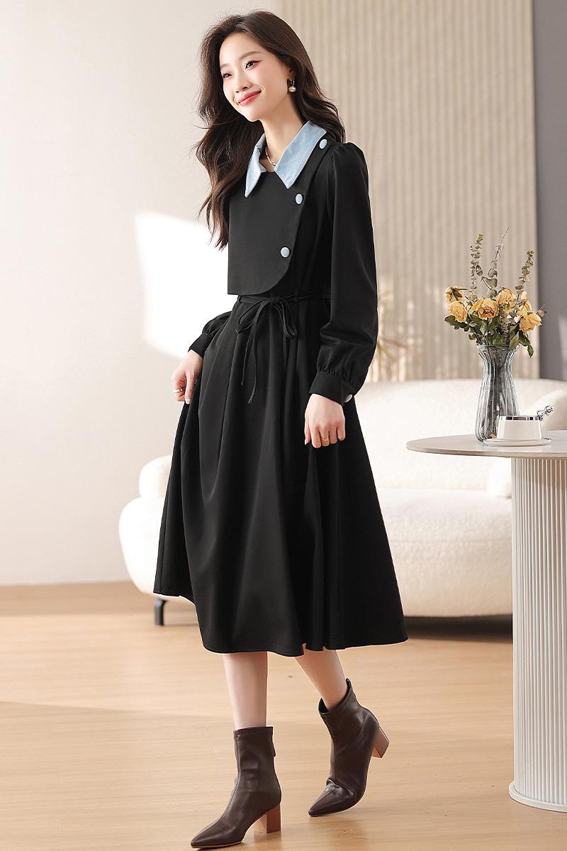 CM-DY019290 Women Elegant Seoul Style Polo Collar Long Sleeve Mid-Length Dress - Black