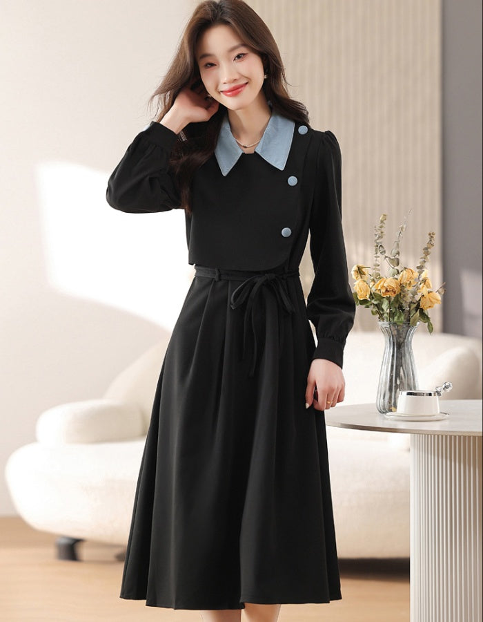 CM-DY019290 Women Elegant Seoul Style Polo Collar Long Sleeve Mid-Length Dress - Black