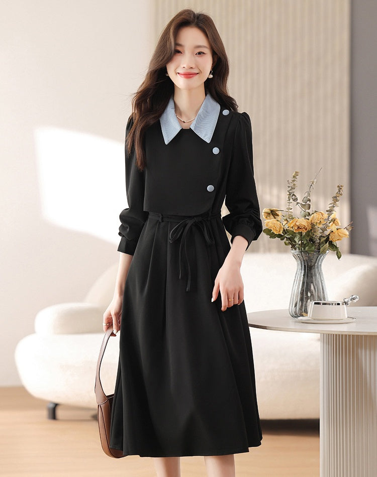 CM-DY019290 Women Elegant Seoul Style Polo Collar Long Sleeve Mid-Length Dress - Black
