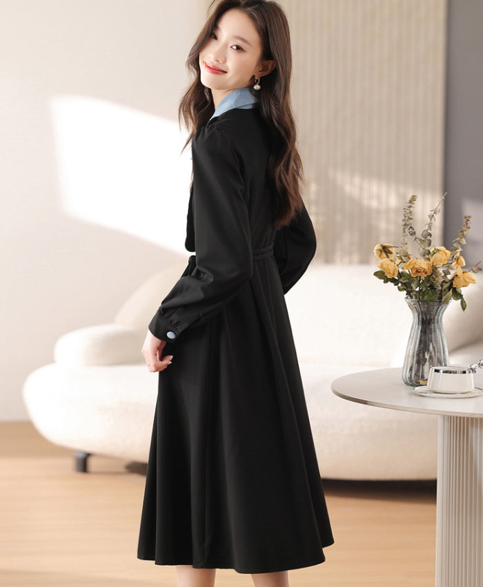 CM-DY019290 Women Elegant Seoul Style Polo Collar Long Sleeve Mid-Length Dress - Black