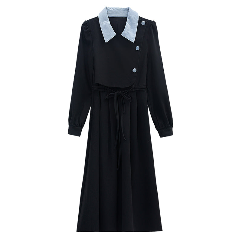 CM-DY019290 Women Elegant Seoul Style Polo Collar Long Sleeve Mid-Length Dress - Black