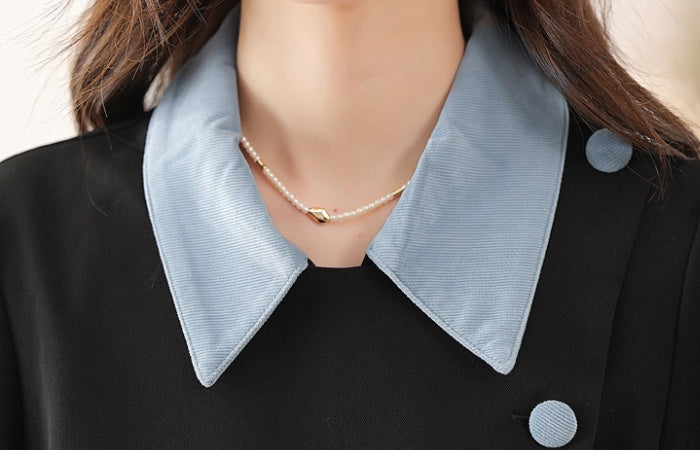CM-DY019290 Women Elegant Seoul Style Polo Collar Long Sleeve Mid-Length Dress - Black