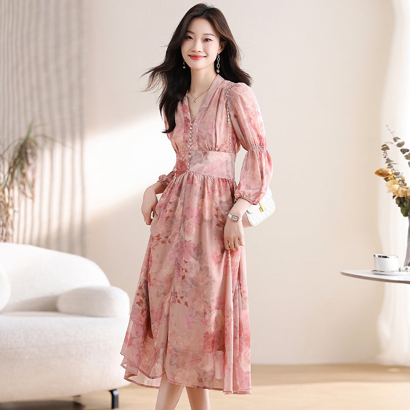 CM-DY019291 Women Trendy Bohemian Style Floral Print V-Neck Lantern Sleeve Mid-Length Dress