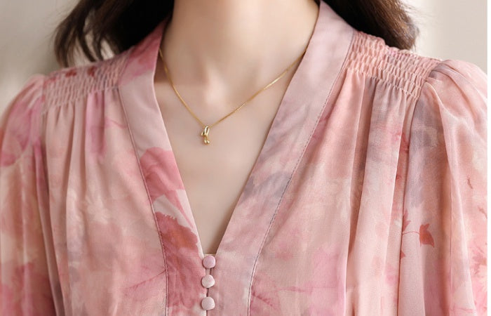 CM-DY019291 Women Trendy Bohemian Style Floral Print V-Neck Lantern Sleeve Mid-Length Dress