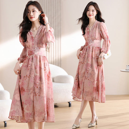 CM-DY019291 Women Trendy Bohemian Style Floral Print V-Neck Lantern Sleeve Mid-Length Dress