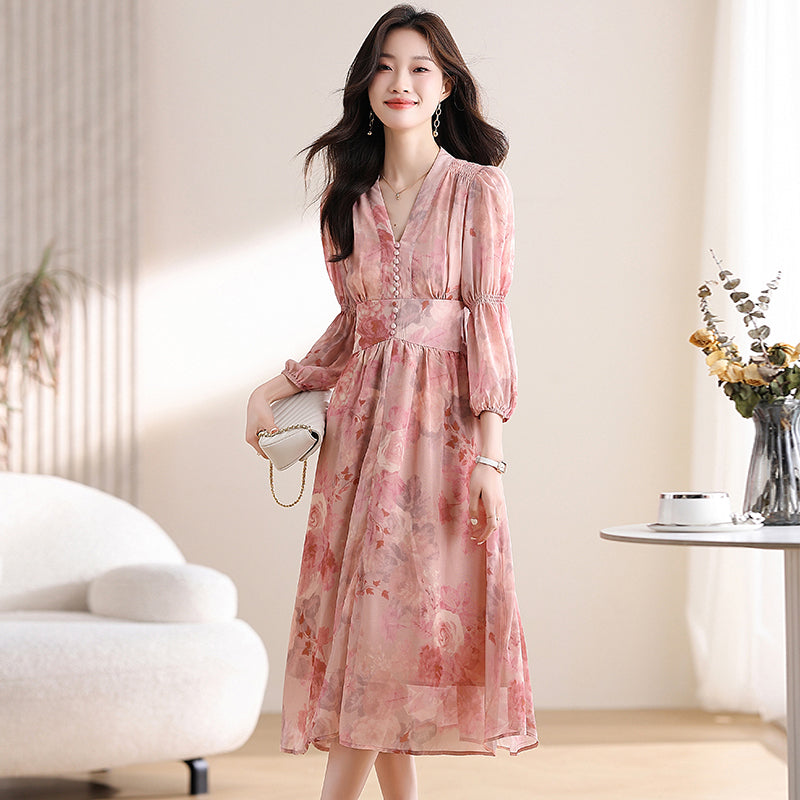 CM-DY019291 Women Trendy Bohemian Style Floral Print V-Neck Lantern Sleeve Mid-Length Dress