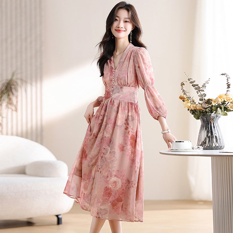 CM-DY019291 Women Trendy Bohemian Style Floral Print V-Neck Lantern Sleeve Mid-Length Dress
