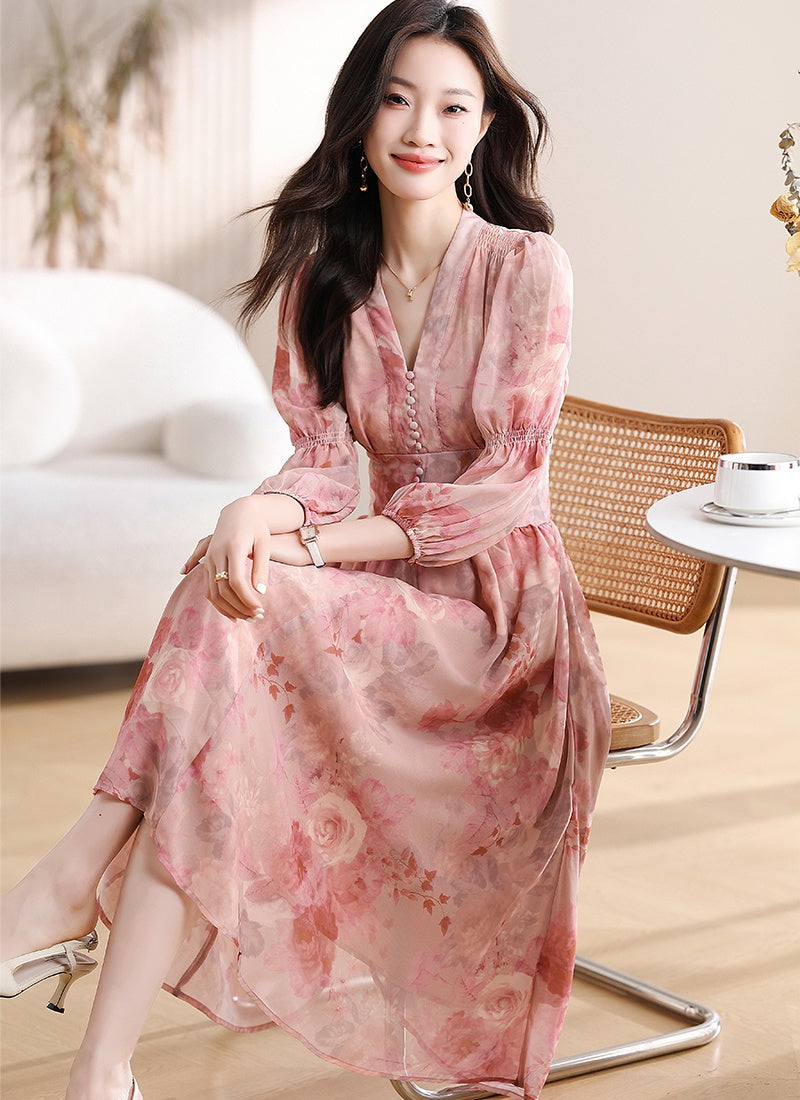 CM-DY019291 Women Trendy Bohemian Style Floral Print V-Neck Lantern Sleeve Mid-Length Dress