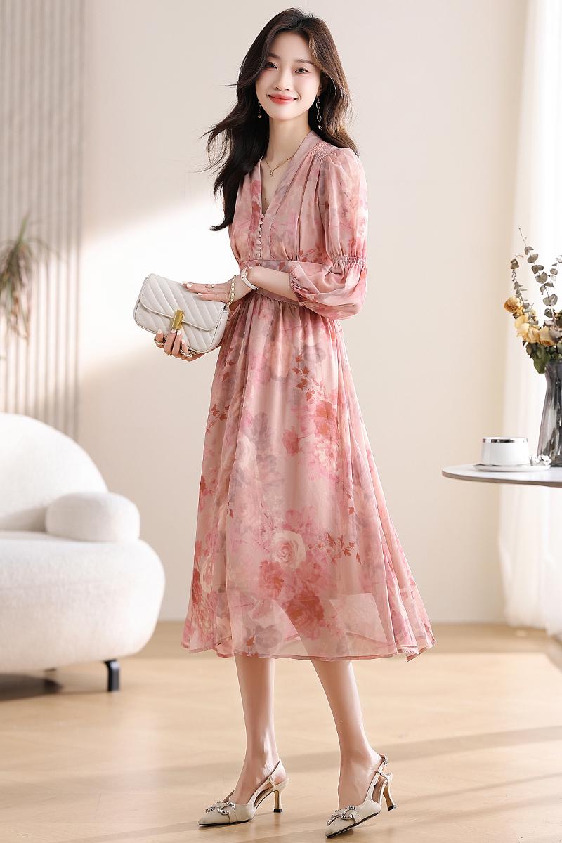 CM-DY019291 Women Trendy Bohemian Style Floral Print V-Neck Lantern Sleeve Mid-Length Dress