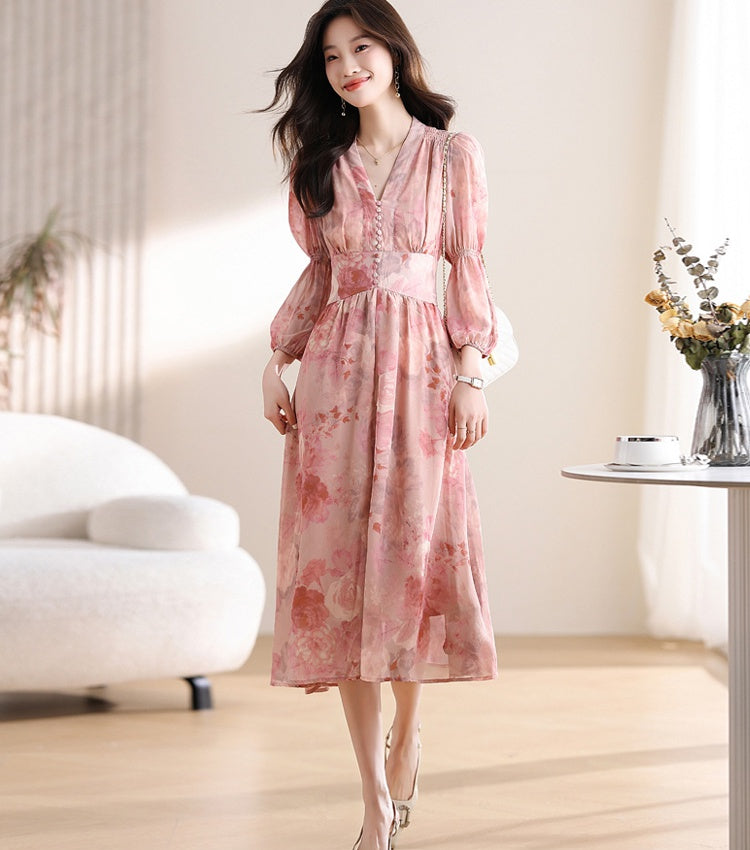CM-DY019291 Women Trendy Bohemian Style Floral Print V-Neck Lantern Sleeve Mid-Length Dress
