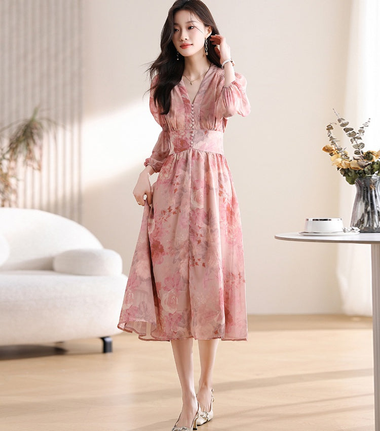CM-DY019291 Women Trendy Bohemian Style Floral Print V-Neck Lantern Sleeve Mid-Length Dress