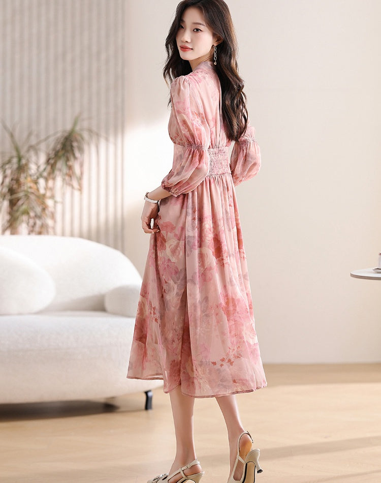 CM-DY019291 Women Trendy Bohemian Style Floral Print V-Neck Lantern Sleeve Mid-Length Dress