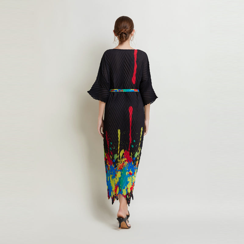 CM-DY019490 Women Elegant European Style Round Neck 3/4 Sleeve Pinched Waist Pleated Fold Long Dress - Black