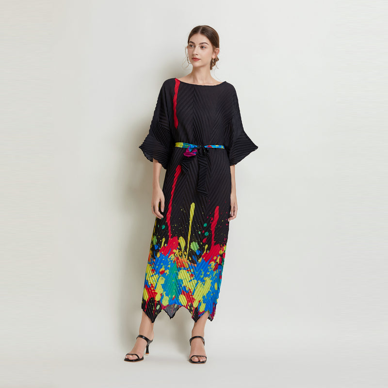 CM-DY019490 Women Elegant European Style Round Neck 3/4 Sleeve Pinched Waist Pleated Fold Long Dress - Black