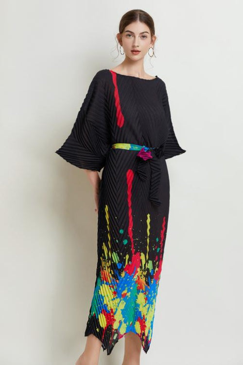 CM-DY019490 Women Elegant European Style Round Neck 3/4 Sleeve Pinched Waist Pleated Fold Long Dress - Black