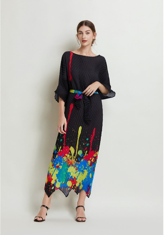 CM-DY019490 Women Elegant European Style Round Neck 3/4 Sleeve Pinched Waist Pleated Fold Long Dress - Black