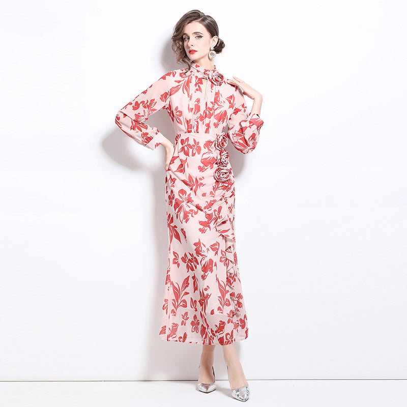 CM-DY020015 Women Elegant European Style Floral Prints Stand Collar Long Sleeve Maxi Dress - Pink
