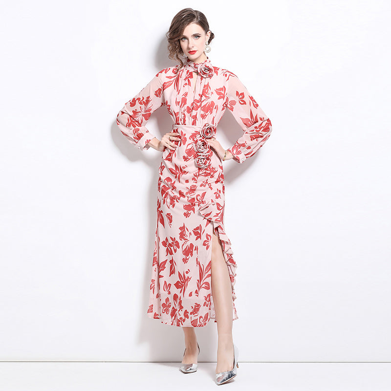 CM-DY020015 Women Elegant European Style Floral Prints Stand Collar Long Sleeve Maxi Dress - Pink