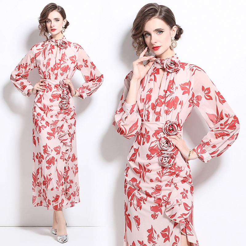 CM-DY020015 Women Elegant European Style Floral Prints Stand Collar Long Sleeve Maxi Dress - Pink