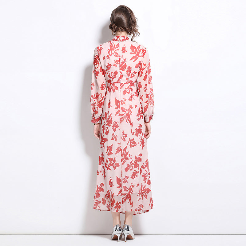CM-DY020015 Women Elegant European Style Floral Prints Stand Collar Long Sleeve Maxi Dress - Pink