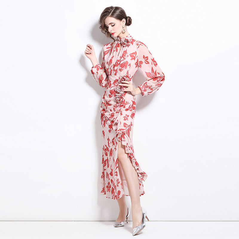 CM-DY020015 Women Elegant European Style Floral Prints Stand Collar Long Sleeve Maxi Dress - Pink