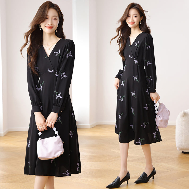 CM-DY020272 Women Casual Seoul Style Floral Print V-Neck Long Sleeve High Waist Dress - Black