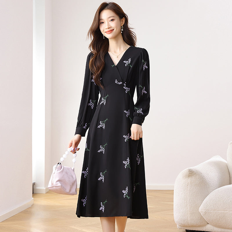 CM-DY020272 Women Casual Seoul Style Floral Print V-Neck Long Sleeve High Waist Dress - Black