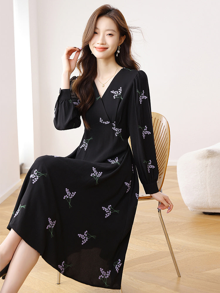 CM-DY020272 Women Casual Seoul Style Floral Print V-Neck Long Sleeve High Waist Dress - Black