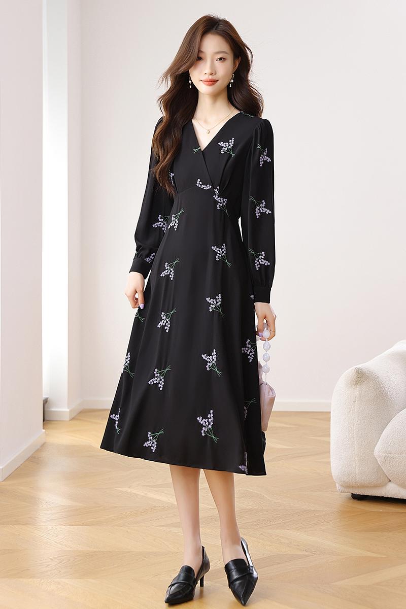 CM-DY020272 Women Casual Seoul Style Floral Print V-Neck Long Sleeve High Waist Dress - Black
