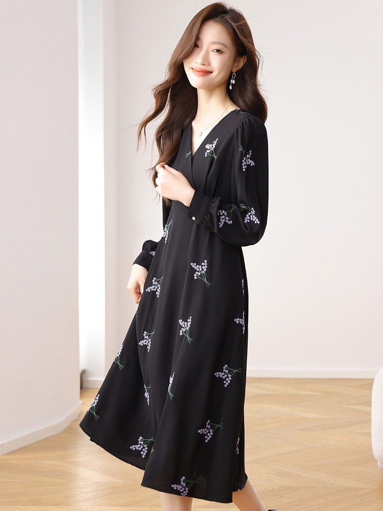 CM-DY020272 Women Casual Seoul Style Floral Print V-Neck Long Sleeve High Waist Dress - Black
