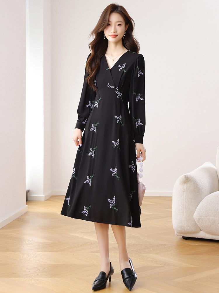 CM-DY020272 Women Casual Seoul Style Floral Print V-Neck Long Sleeve High Waist Dress - Black