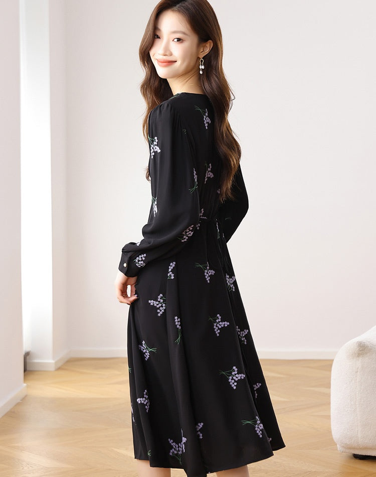 CM-DY020272 Women Casual Seoul Style Floral Print V-Neck Long Sleeve High Waist Dress - Black