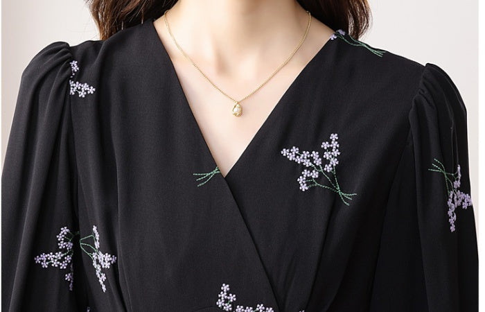 CM-DY020272 Women Casual Seoul Style Floral Print V-Neck Long Sleeve High Waist Dress - Black