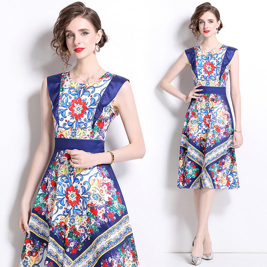 CM-DY020334 Women Elegant European Style Round Neck Sleeveless Pinched Waist A-Line Dress