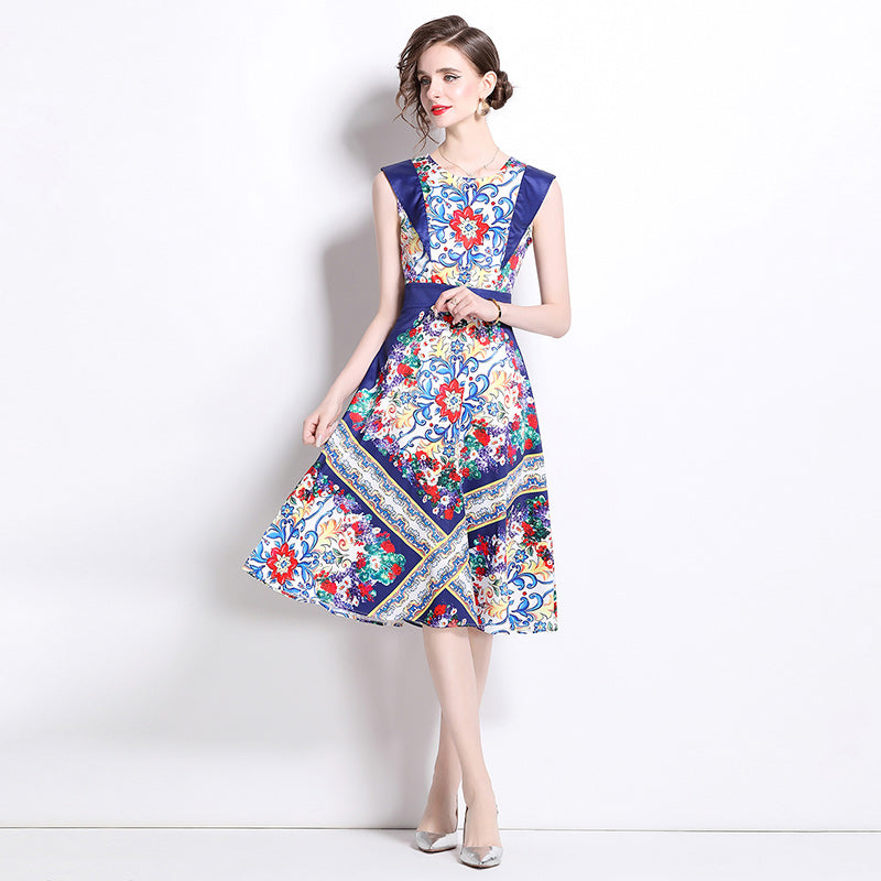 CM-DY020334 Women Elegant European Style Round Neck Sleeveless Pinched Waist A-Line Dress