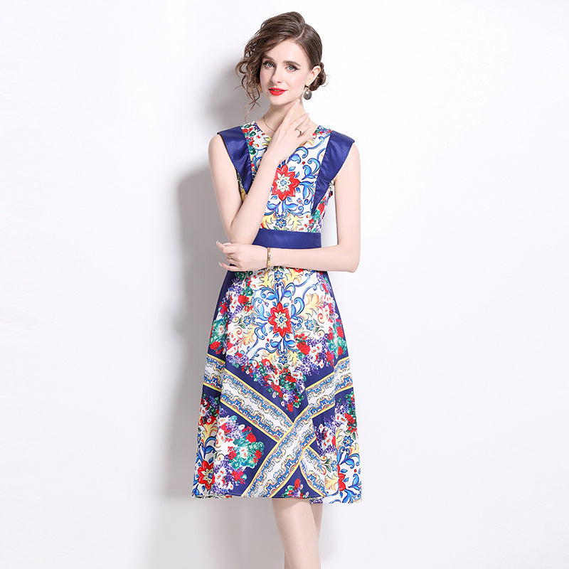 CM-DY020334 Women Elegant European Style Round Neck Sleeveless Pinched Waist A-Line Dress