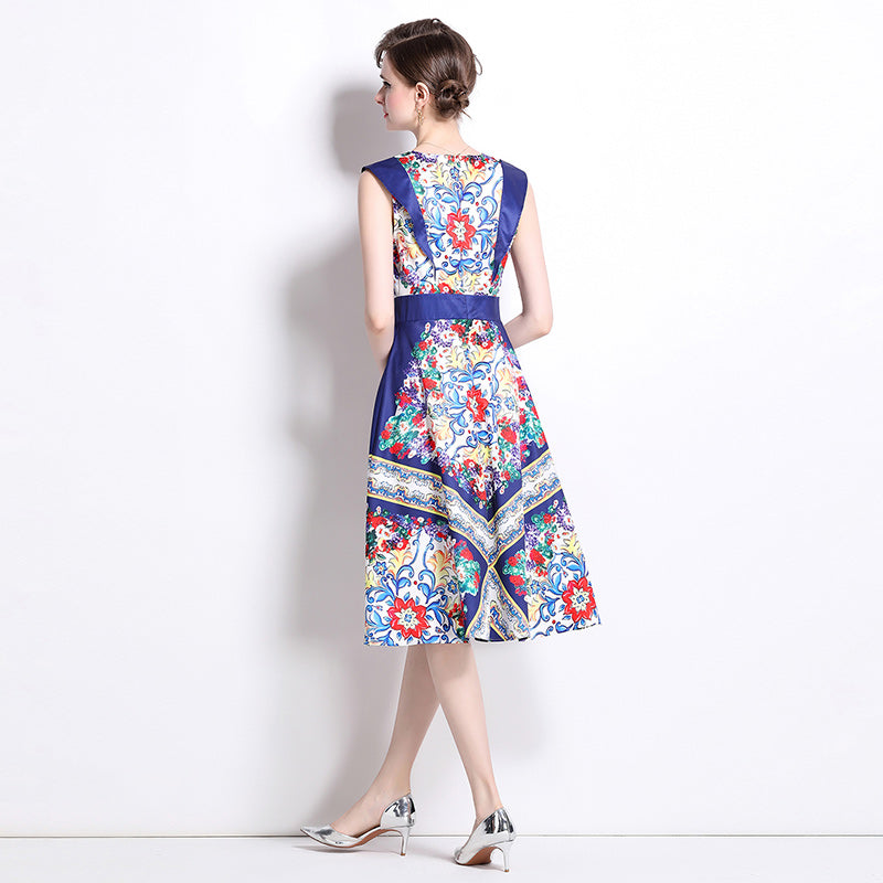 CM-DY020334 Women Elegant European Style Round Neck Sleeveless Pinched Waist A-Line Dress