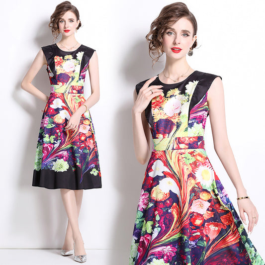 CM-DY020335 Women Elegant European Style All-Over Print Round Neck Sleeveless Midi Dress