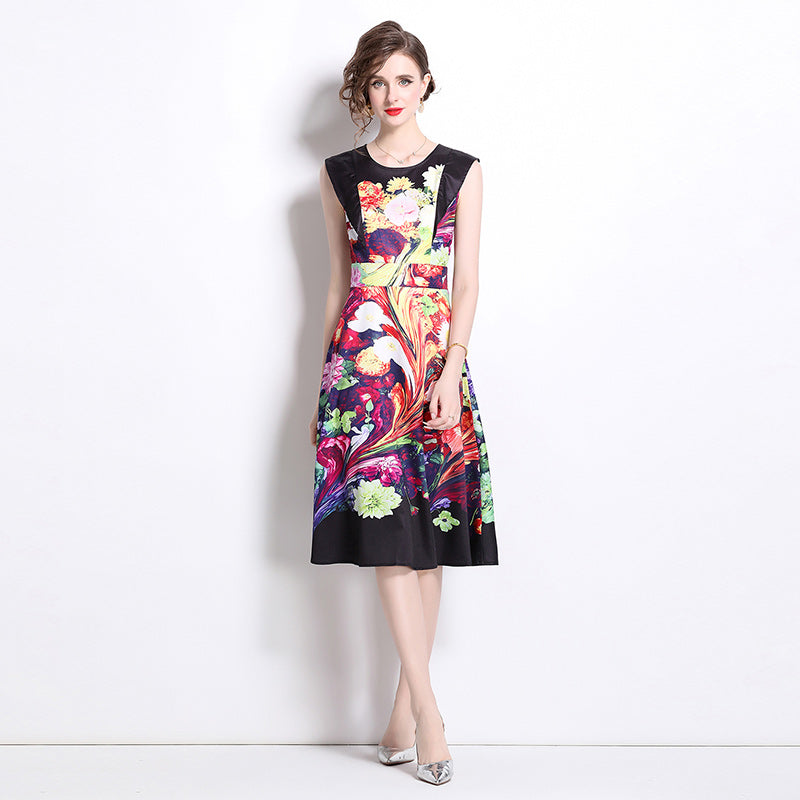 CM-DY020335 Women Elegant European Style All-Over Print Round Neck Sleeveless Midi Dress
