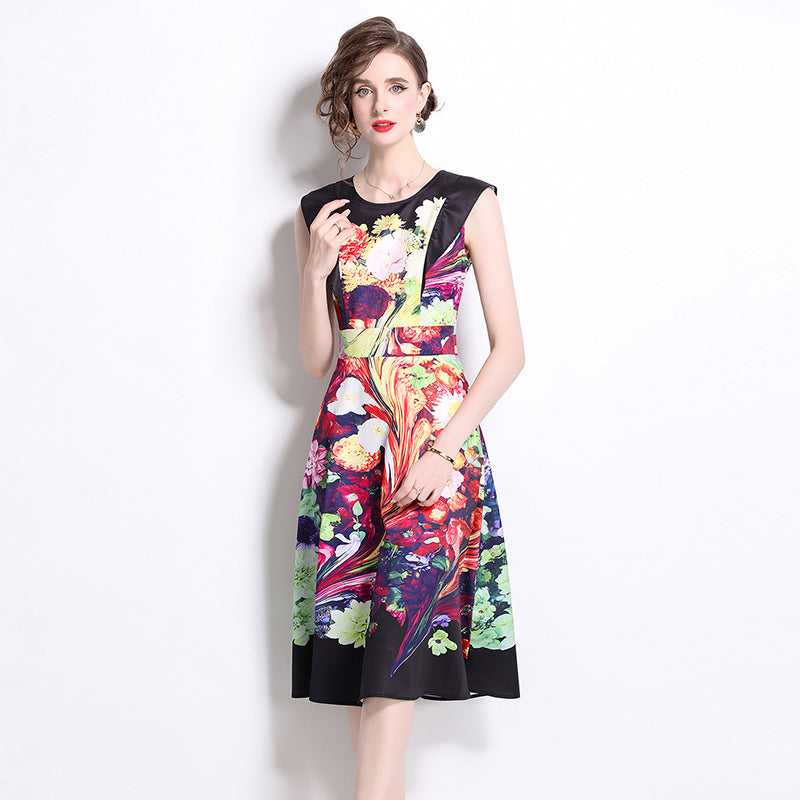 CM-DY020335 Women Elegant European Style All-Over Print Round Neck Sleeveless Midi Dress