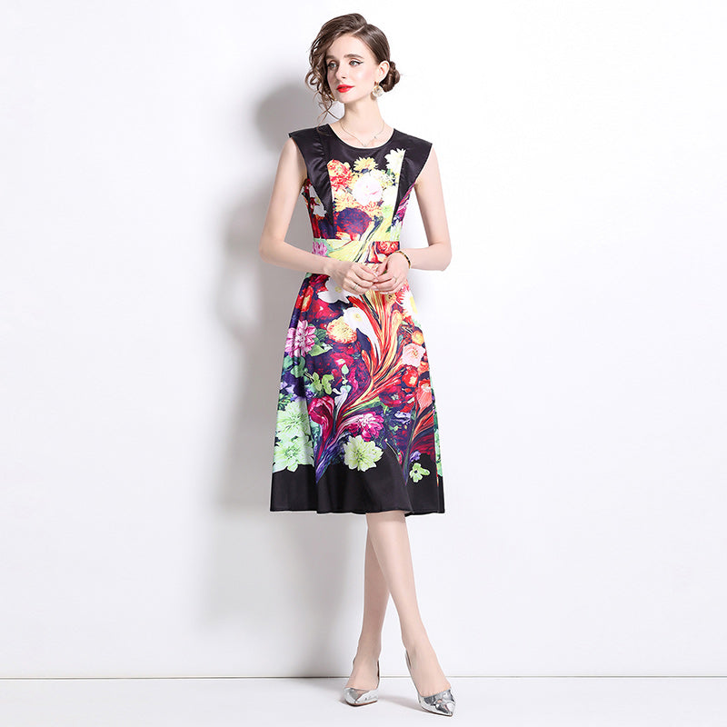 CM-DY020335 Women Elegant European Style All-Over Print Round Neck Sleeveless Midi Dress