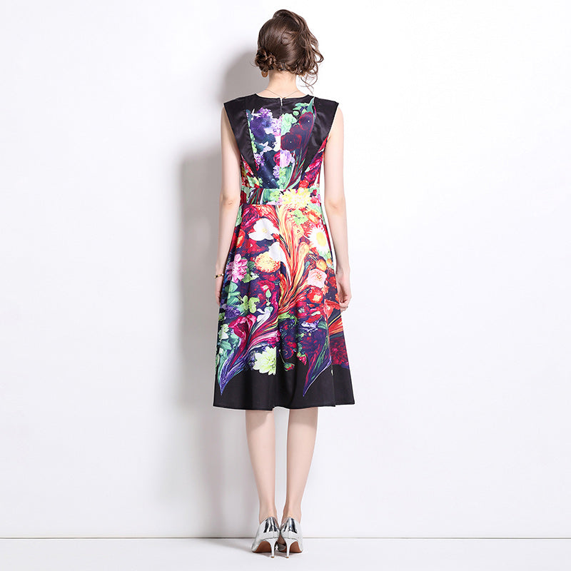 CM-DY020335 Women Elegant European Style All-Over Print Round Neck Sleeveless Midi Dress