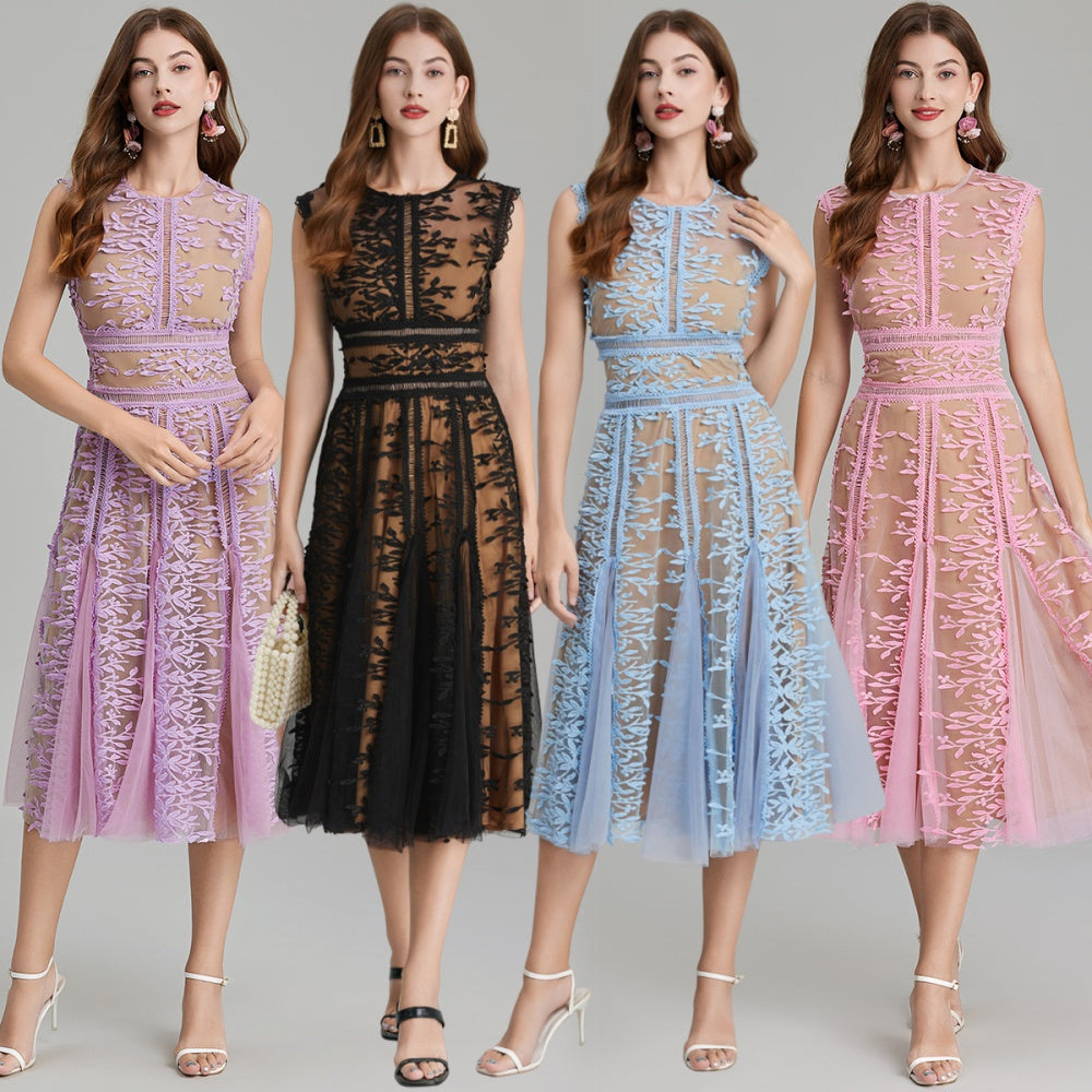 CM-DY020339 Women Elegant European Style Embroidery Gauze Pinched Waist Dress - Black